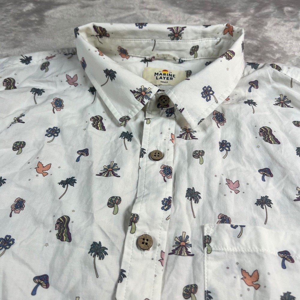 Marine Layer Men's Small Shirt White Mushroom Palm Tree Print Short Sleeve 14330